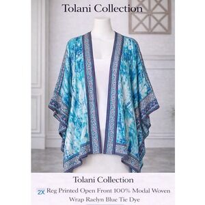Tolani Raelyn Blue Tie Dye Open Front 100% Modal Woven Wrap Kimono 2X A373844